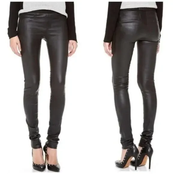 Helmut Lang Low Rise Leather Leggings w/ Side Panel Detail, Size 6, Retail $995